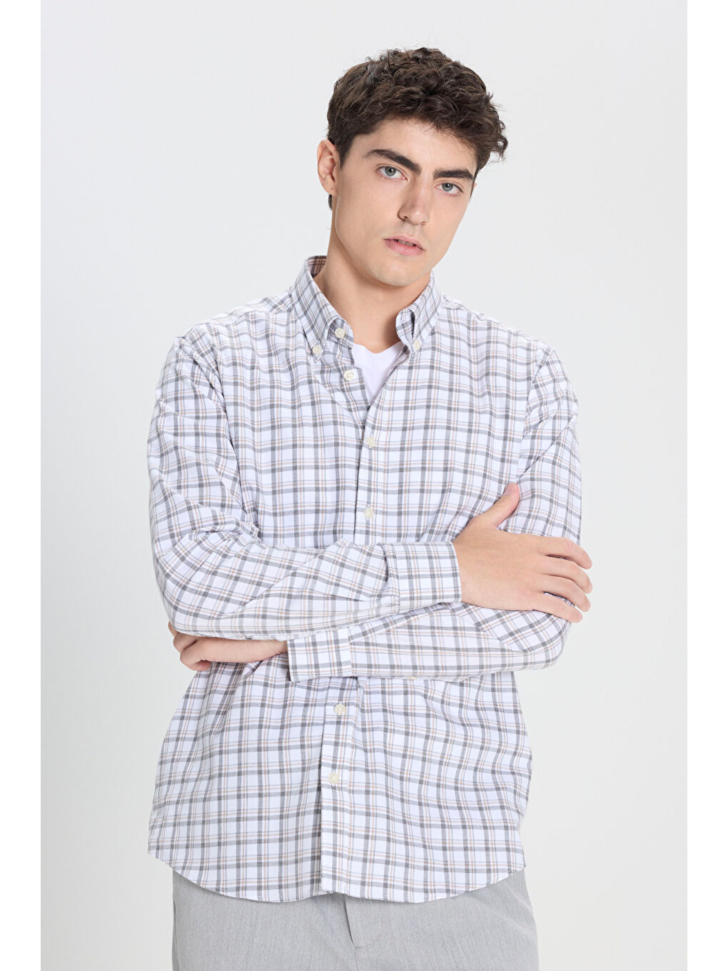 Erkek Beyaz-Antrasit %100 Pamuk Slim Fit Dar Kesim Düğmeli Yaka Kareli Flanel Gömlek-2