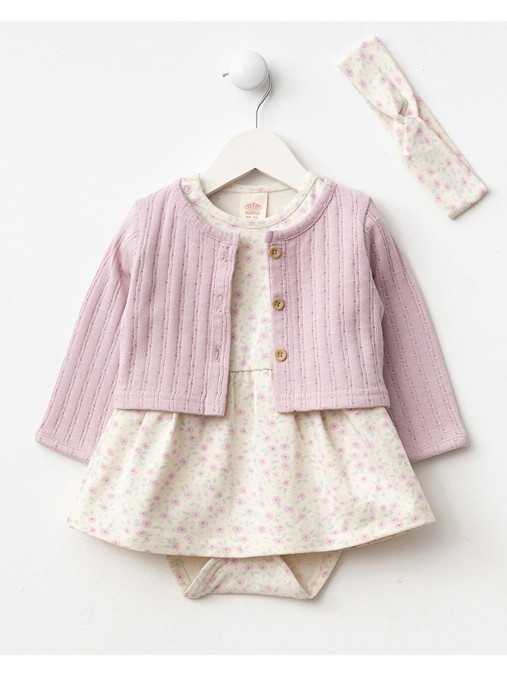 Pembe Kız Bebek Pamuklu Pudra Hırkalı Çiçek Desenli 3'Lü Elbise- Body Elbise Ve Saç Bandı