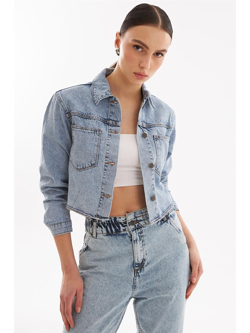 Explode Açık Mavi Kadın Klasik Crop Denim Ceket Açık Mavi - 3