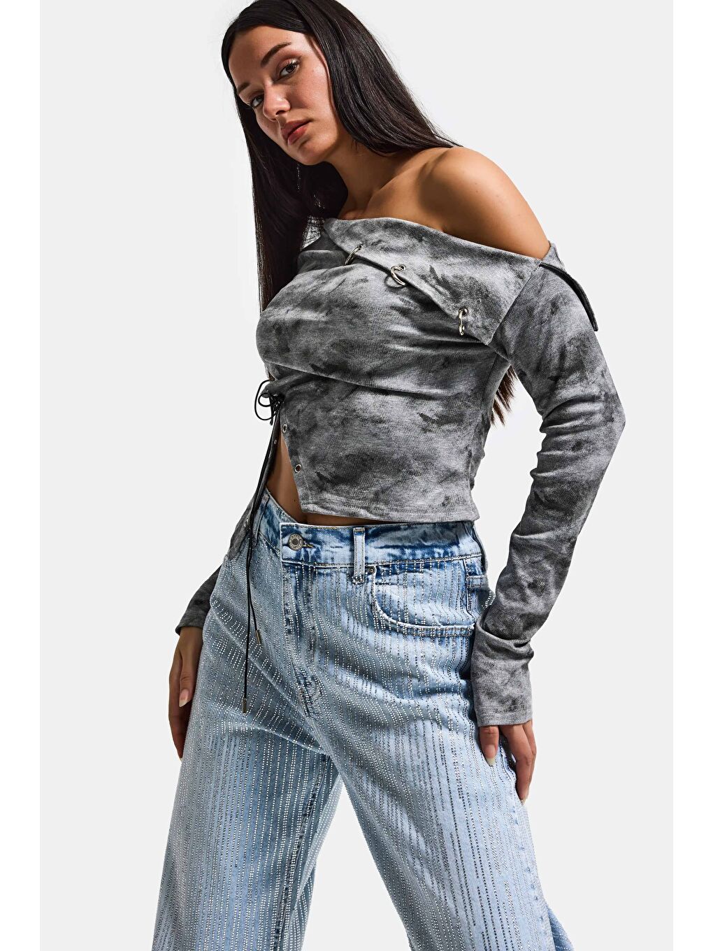 Kadın Gri w5 Asimetrik Kesim Özel Tasarım Crop Top-4
