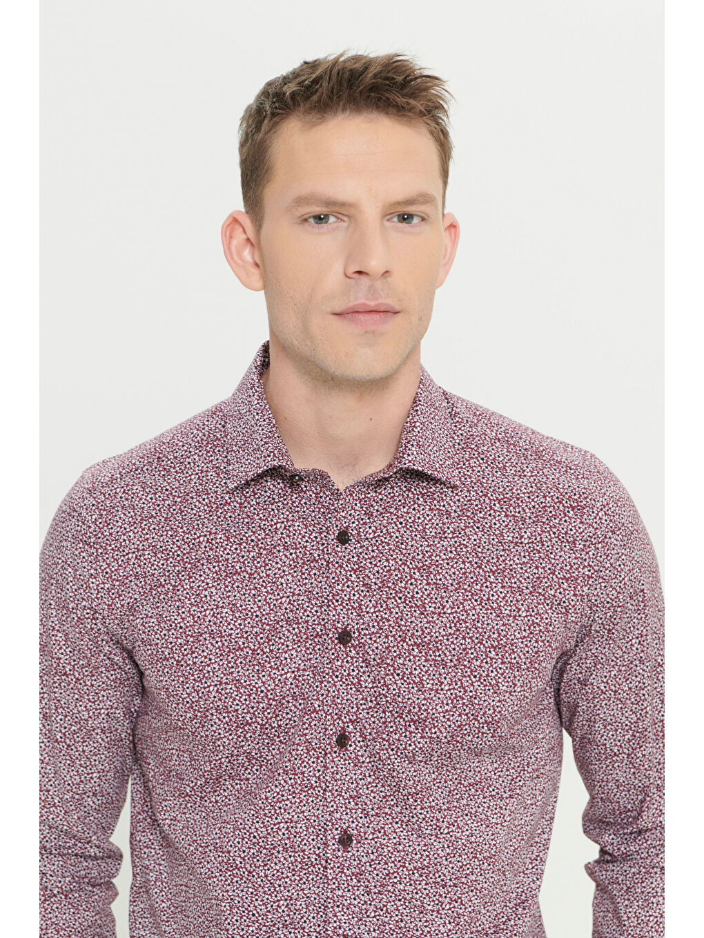 Erkek Bordo-Beyaz Pamuklu Slim Fit Dar Kesim Klasik Yaka Baskılı Gömlek-2