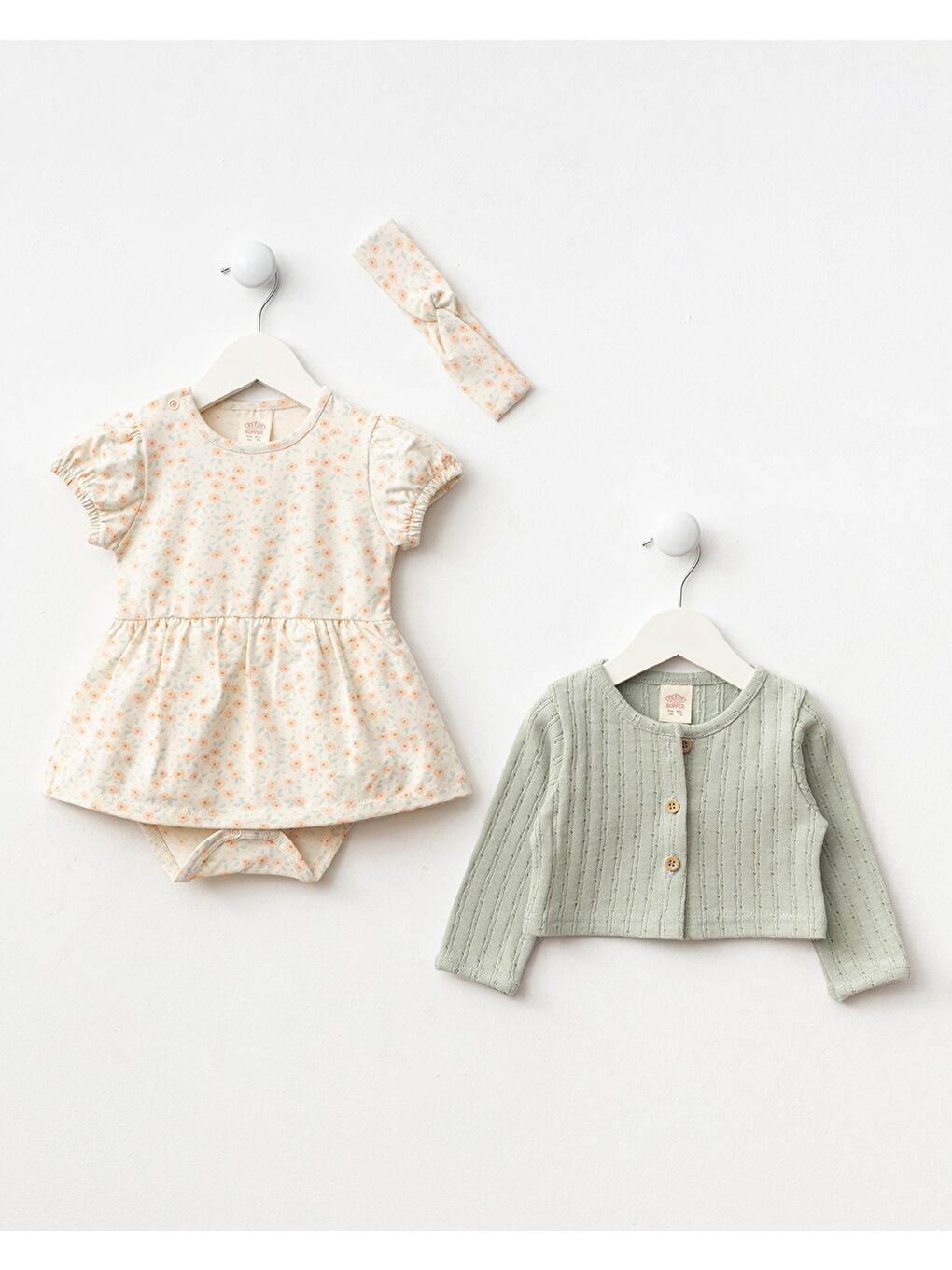 Yeşil Kız Bebek Pamuklu Pudra Hırkalı Çiçek Desenli 3'Lü Elbise- Body Elbise Ve Saç Bandı-1