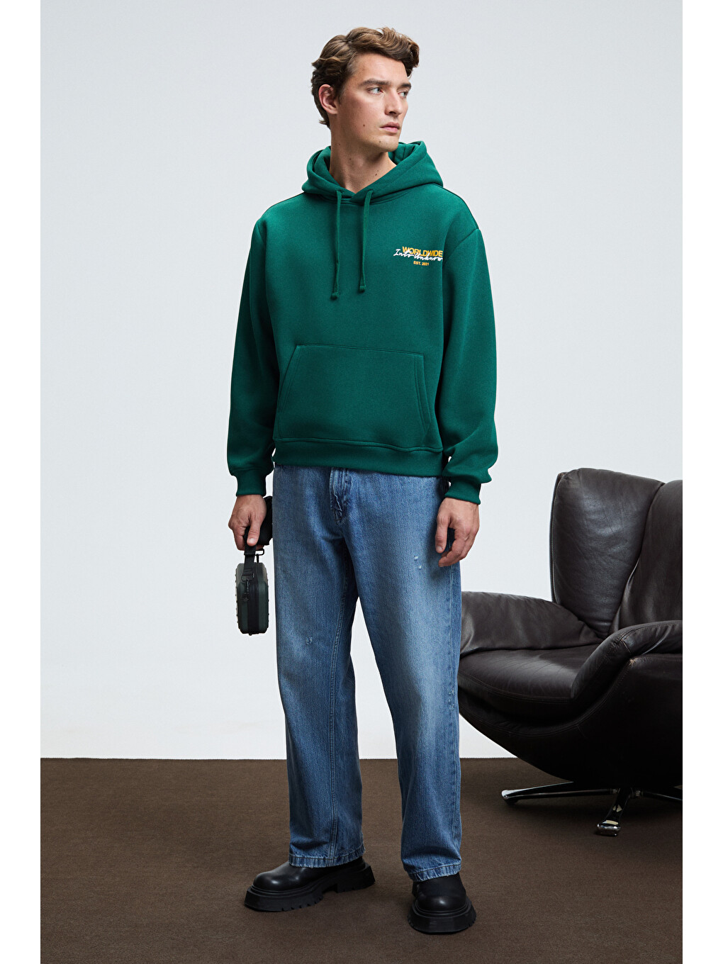 Pascal Erkek Kapüşonlu Kanguru Cepli Önü Ve Sırtı Baskılı Regular Fit Yeşil Sweatshirt-1