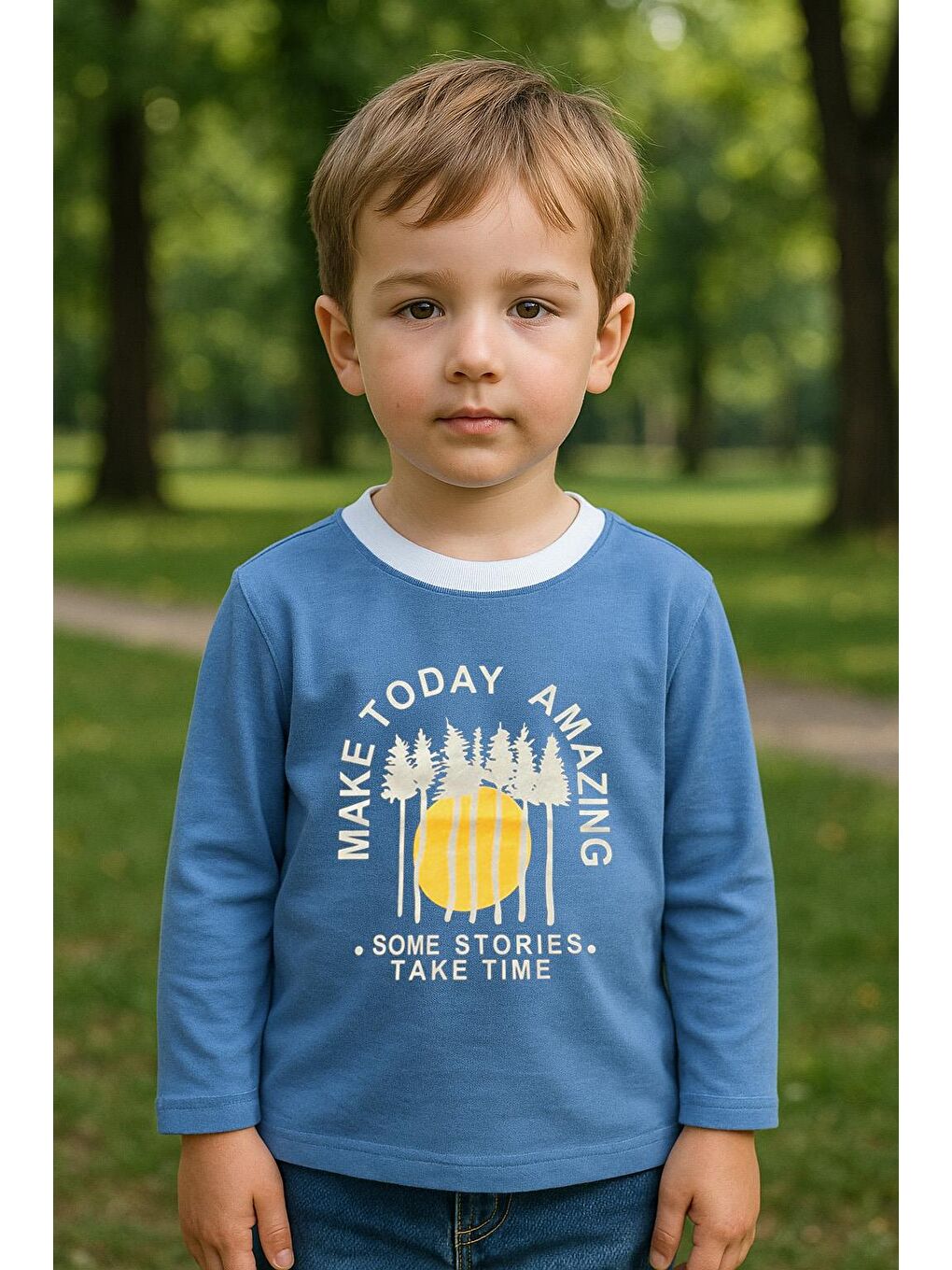 Erkek Çocuk %100 Pamuk Baskılı Uzun Kollu Tişört - Mavi (3-4 Yaş 8-9 Yaş)