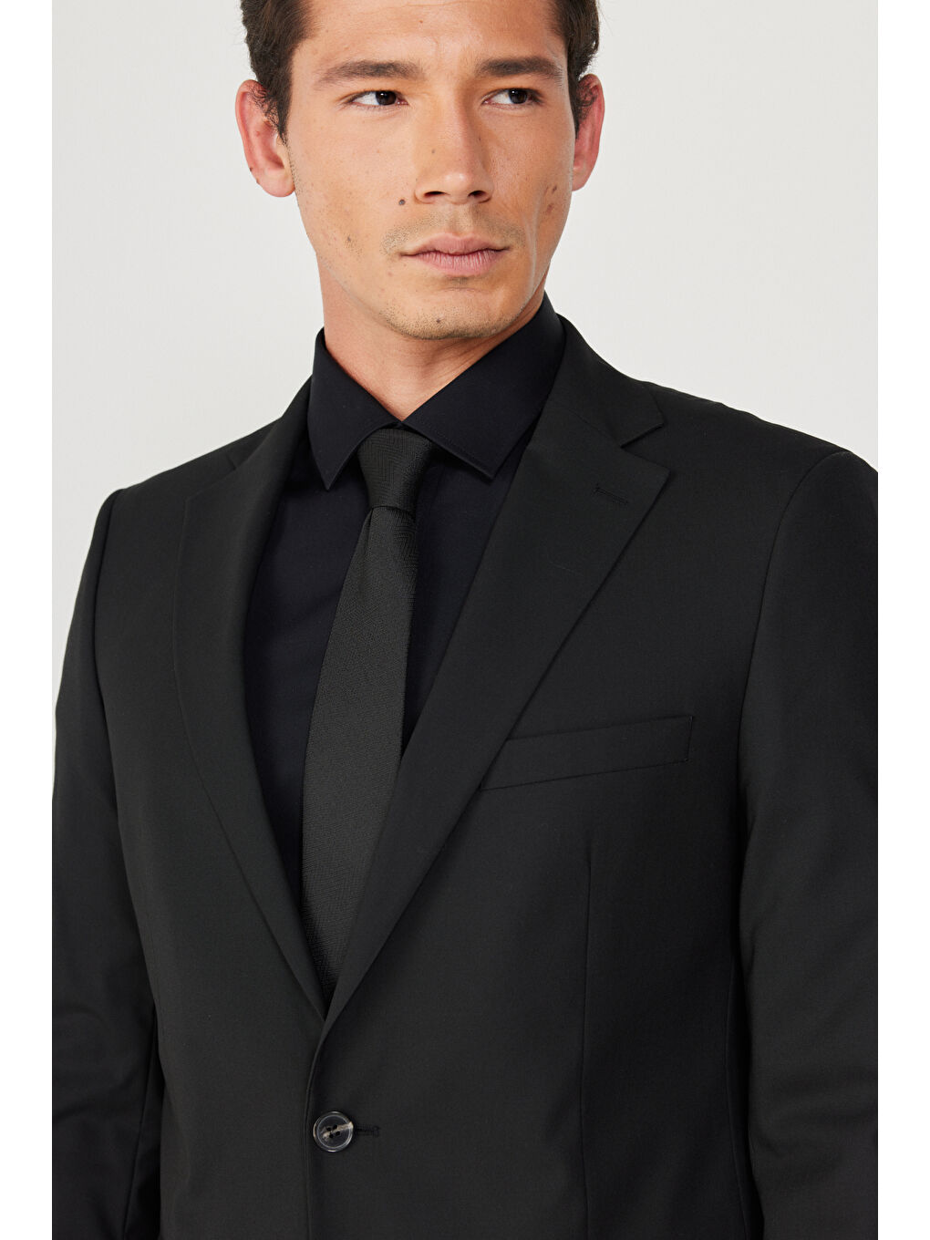 Erkek Siyah Su Geçirmez Slim Fit Dar Kesim Mono Yaka Yünlü Nano Takım Elbise-3