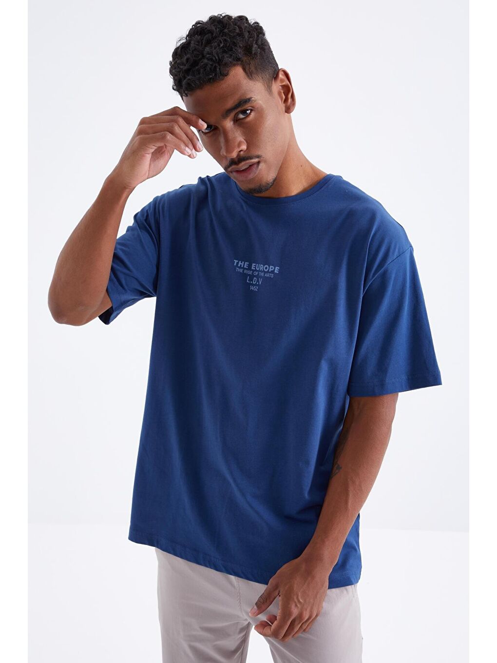 TOMMYLIFE İndigo Sırt Baskılı O Yaka Erkek Oversize T-shirt - 88091 - 3