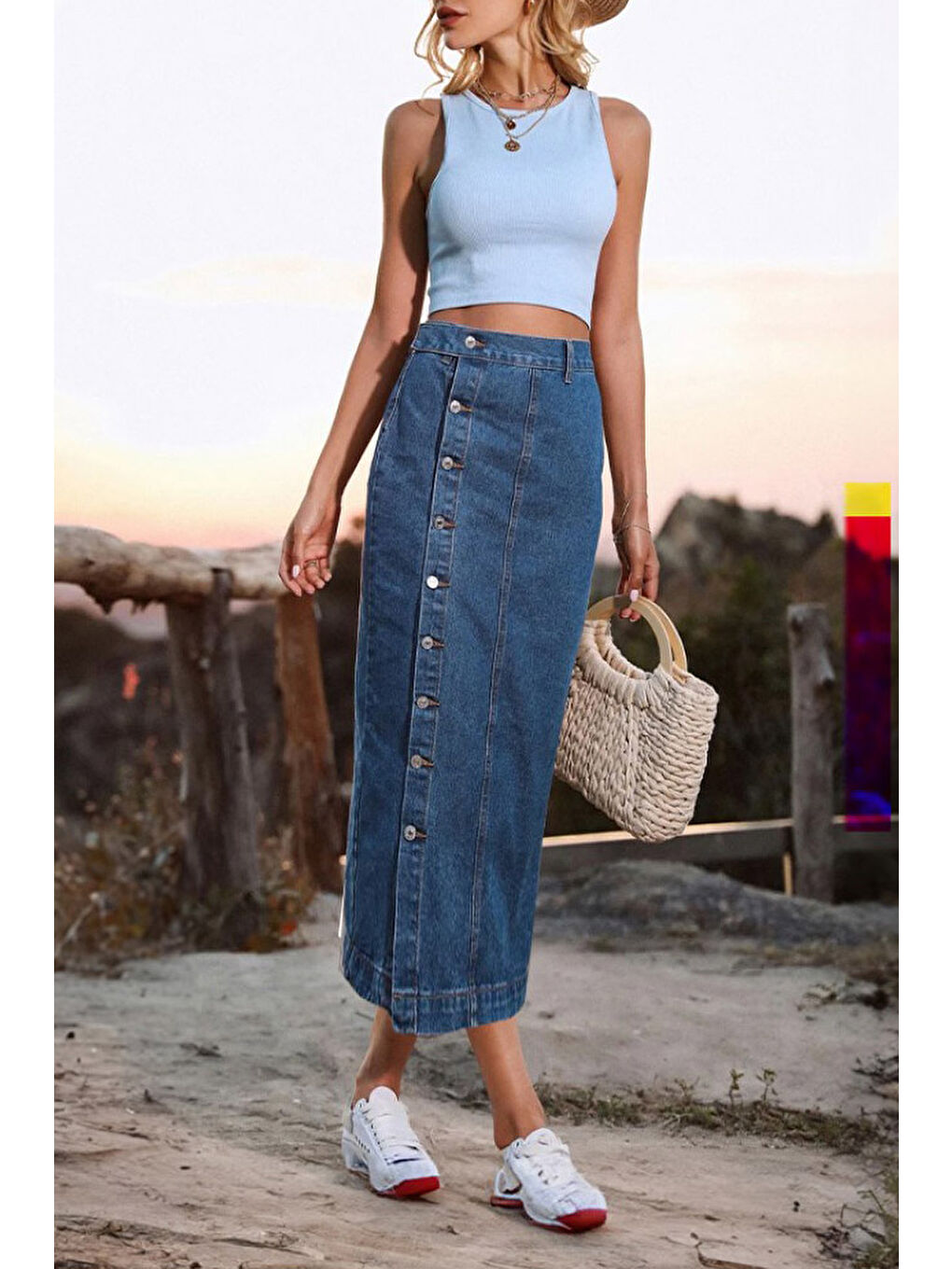 Düğmeli Jean Etek Koyu Mavi   26618