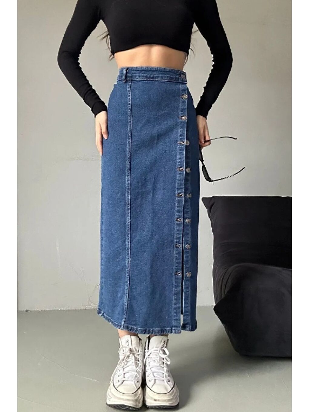 Düğmeli Jean Etek Koyu Mavi   26618-1