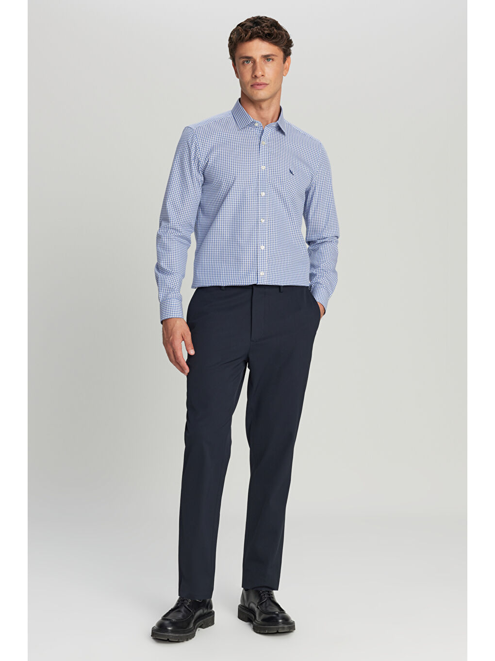 Erkek Mavi-Gri Ütü Gerektirmeyen %100 Pamuk Slim Fit Klasik Yaka Armürlü Gömlek-1