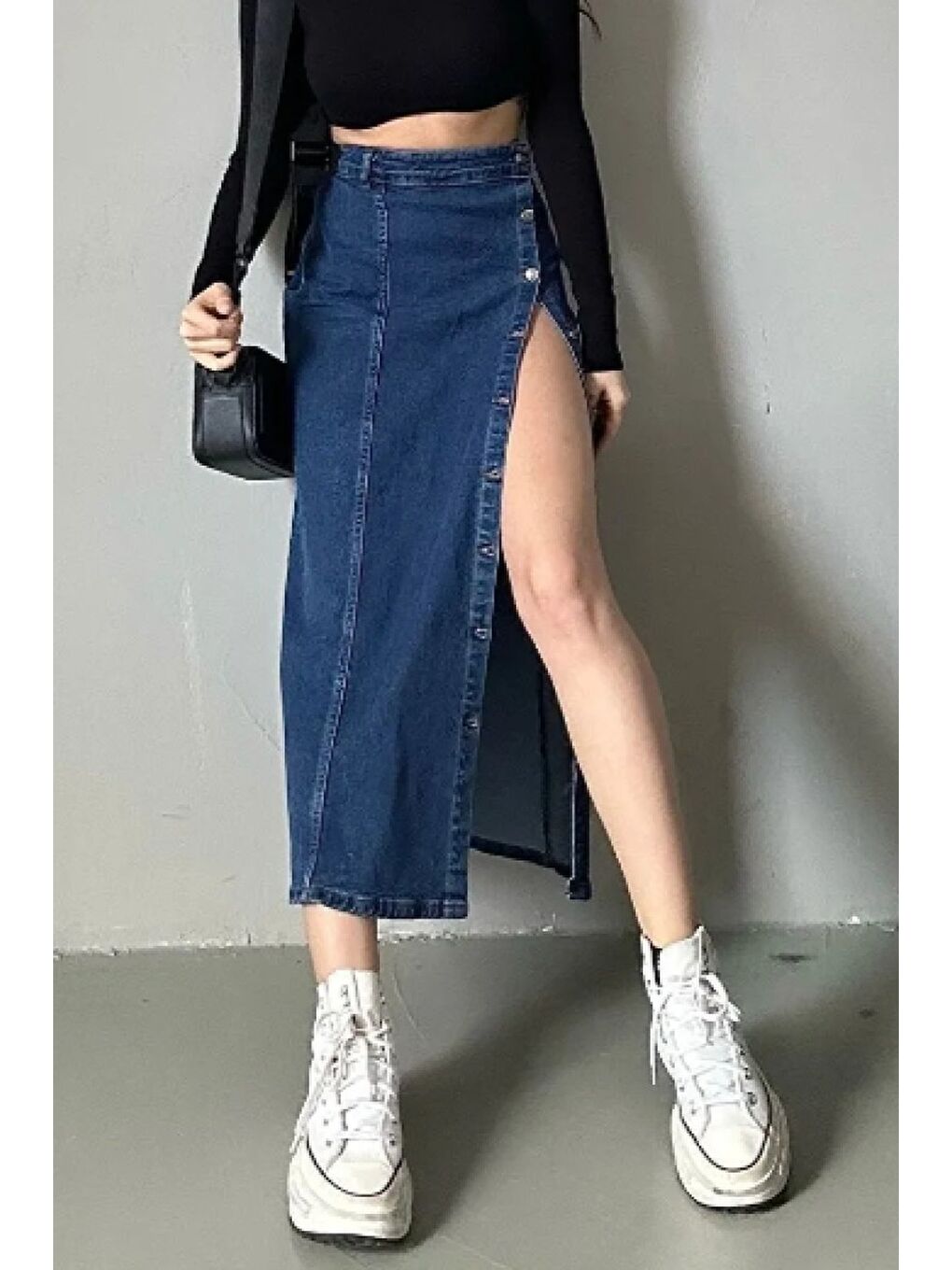 Düğmeli Jean Etek Koyu Mavi   26618-2