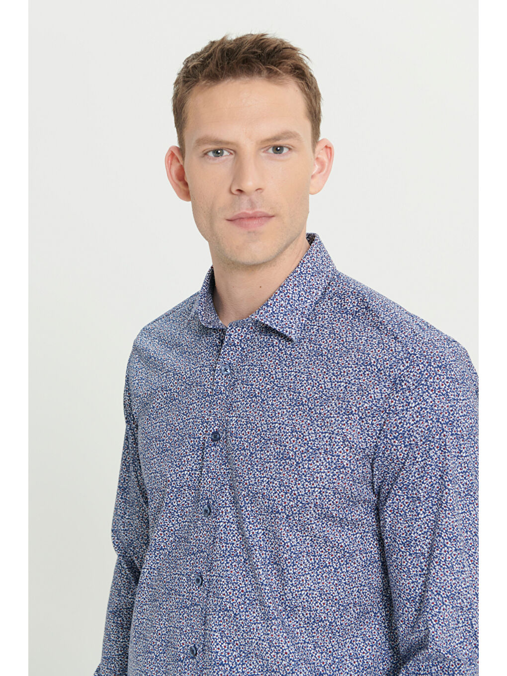 Erkek Mavi-Beyaz Pamuklu Slim Fit Dar Kesim Klasik Yaka Baskılı Gömlek-2