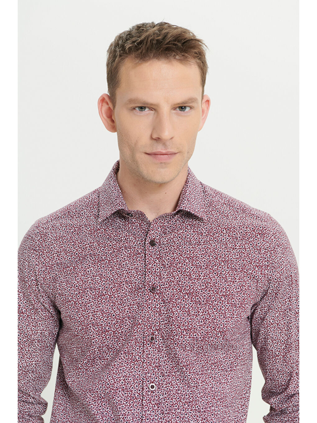 Erkek Bordo-Beyaz Pamuklu Slim Fit Dar Kesim Klasik Yaka Baskılı Gömlek-3