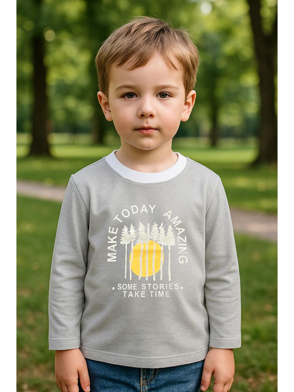 Erkek Çocuk %100 Pamuk Baskılı Uzun Kollu Tişört - Gri (3-4 Yaş 8-9 Yaş)