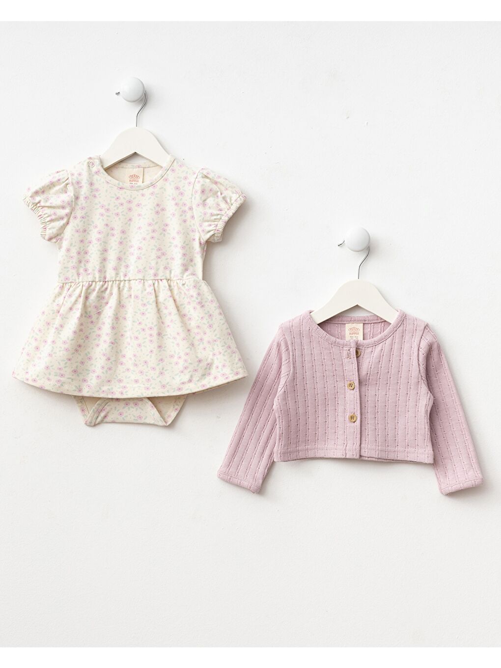 Pembe Kız Bebek Pamuklu Pudra Hırkalı Çiçek Desenli 3'Lü Elbise- Body Elbise Ve Saç Bandı-2