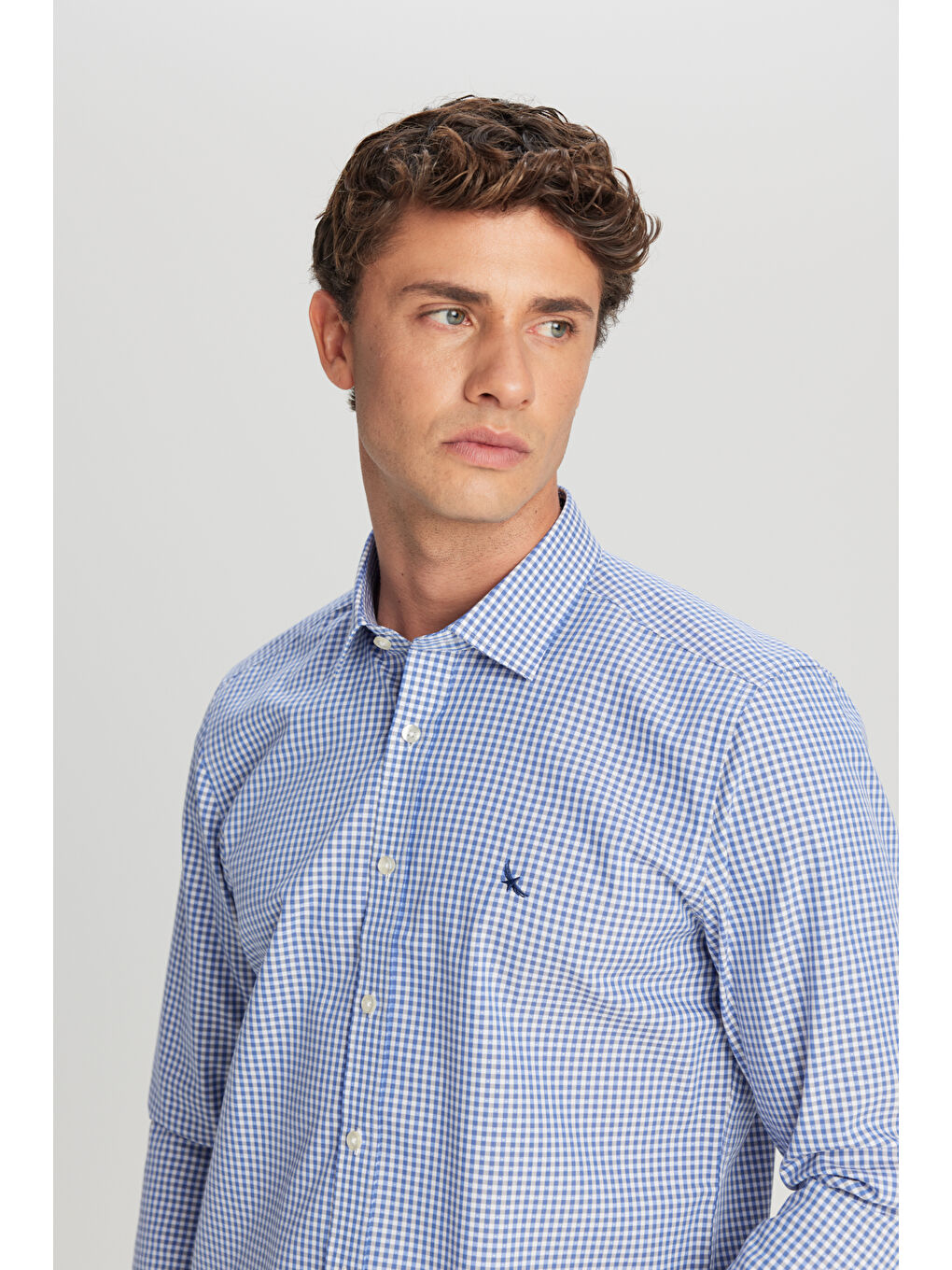 Erkek Mavi-Gri Ütü Gerektirmeyen %100 Pamuk Slim Fit Klasik Yaka Armürlü Gömlek-2