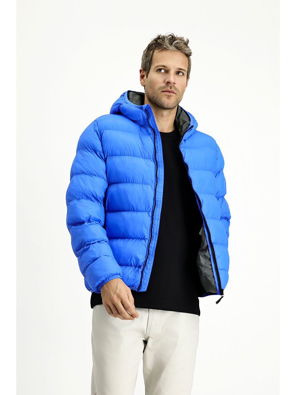 Mavi Kapüşonlu Çantalı Spor Şişme Mont-2