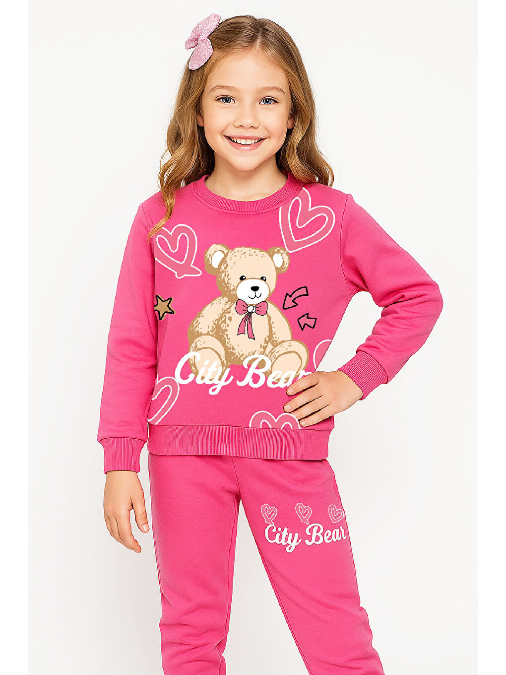 Fuşya Kız Çocuk 2 İplik Şardonsuz Ayıcık Baskılı Alt-Üst Takım-3 -10 Yaş 12415