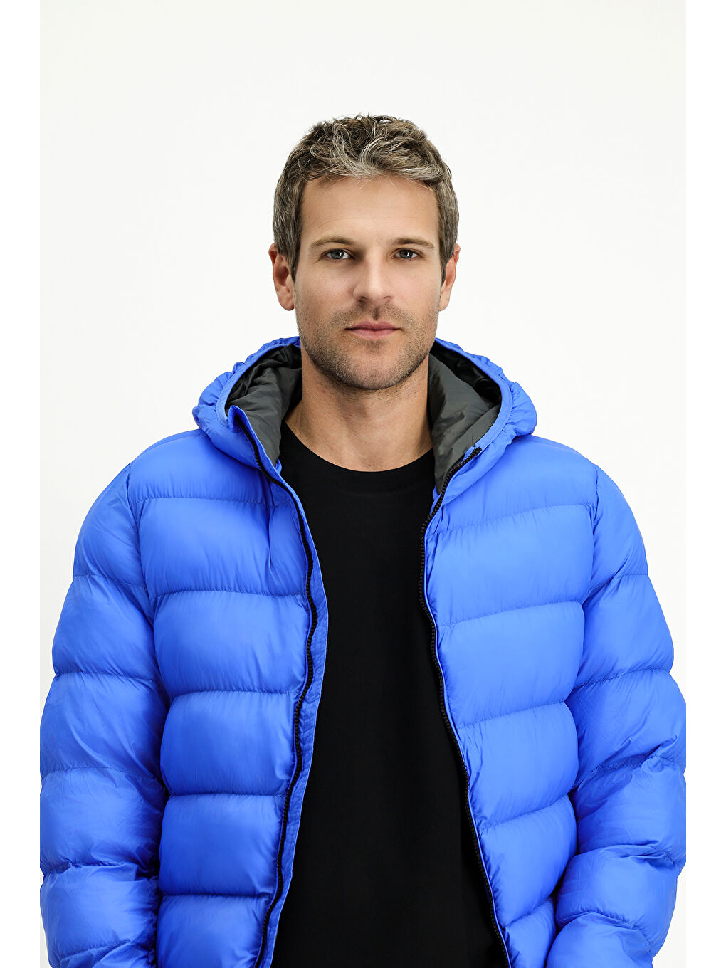 Mavi Kapüşonlu Çantalı Spor Şişme Mont-3