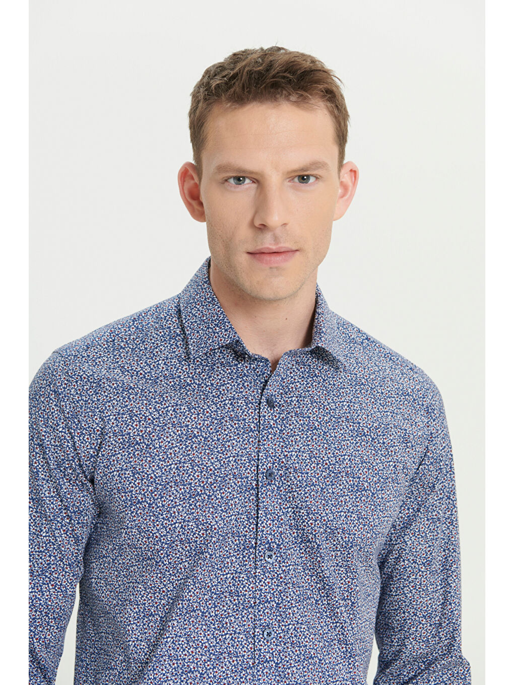 Erkek Mavi-Beyaz Pamuklu Slim Fit Dar Kesim Klasik Yaka Baskılı Gömlek-3