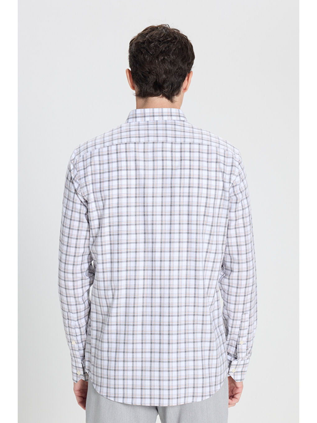 Erkek Beyaz-Antrasit %100 Pamuk Slim Fit Dar Kesim Düğmeli Yaka Kareli Flanel Gömlek-5