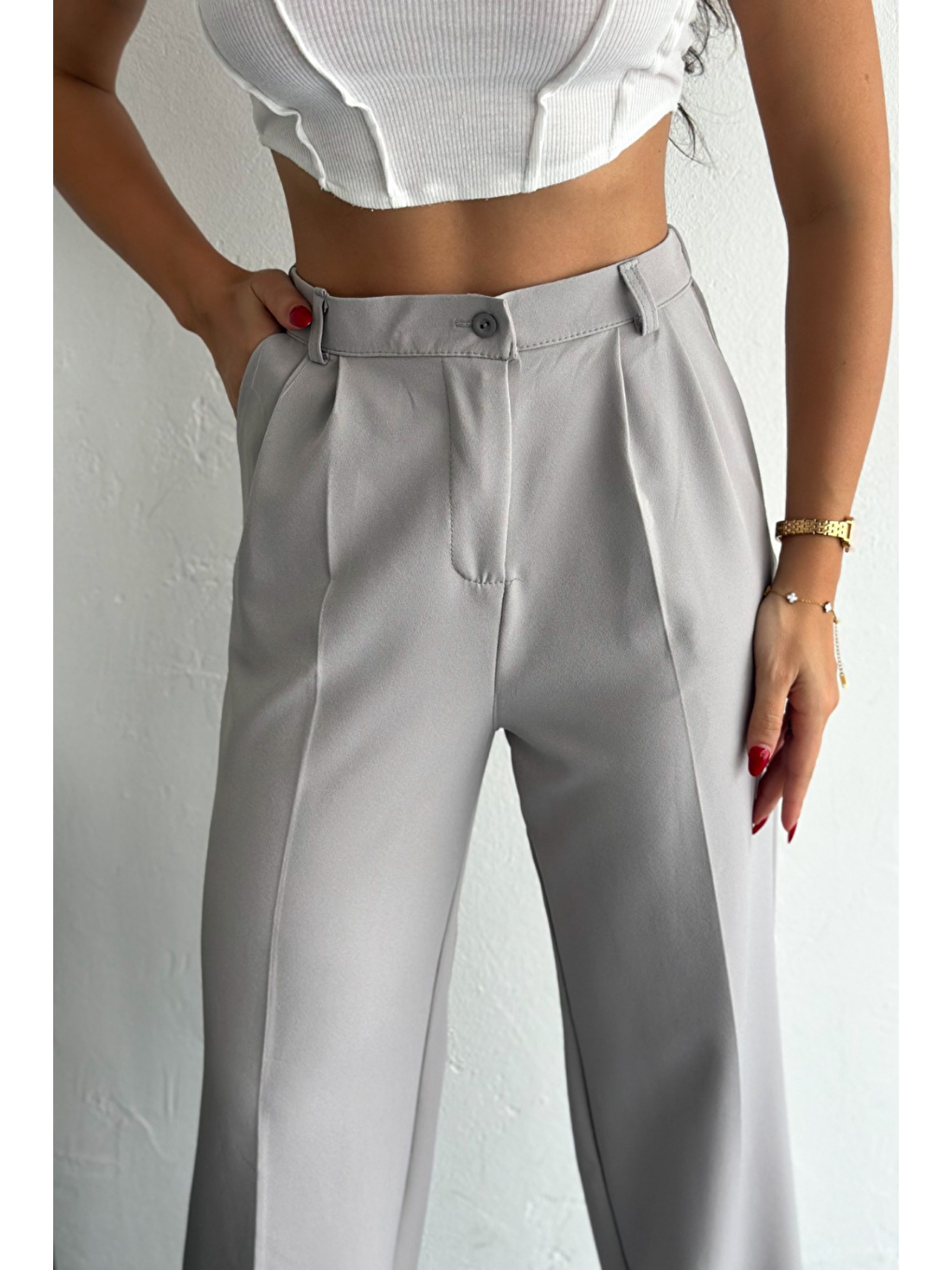 Kadın Double Bol Paça Palazzo Pantolon Gri-1