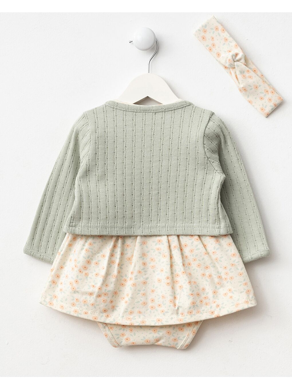Yeşil Kız Bebek Pamuklu Pudra Hırkalı Çiçek Desenli 3'Lü Elbise- Body Elbise Ve Saç Bandı-4