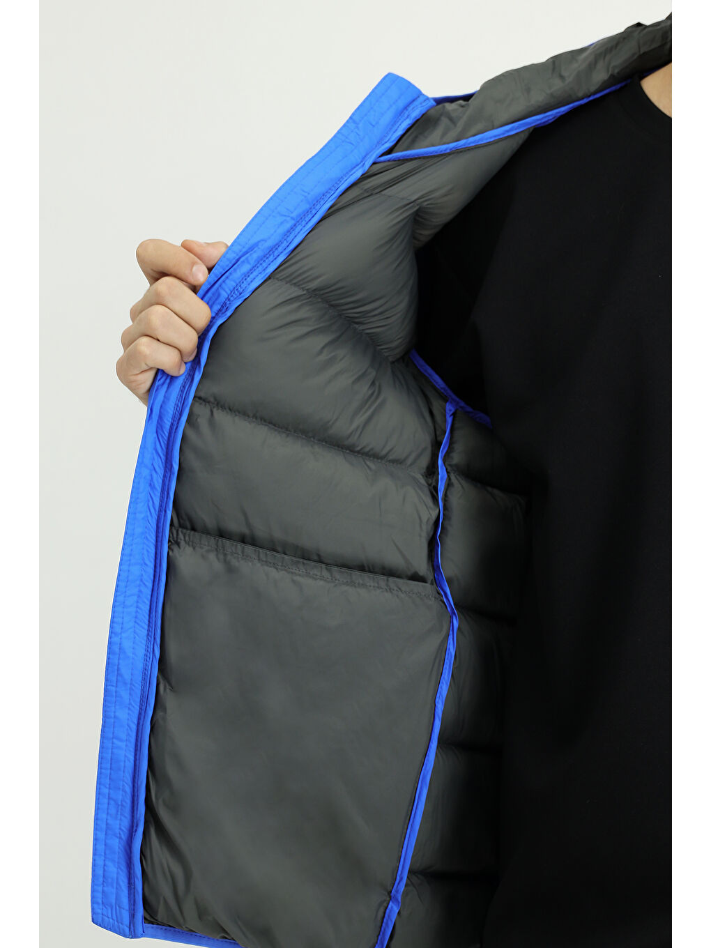 Mavi Kapüşonlu Çantalı Spor Şişme Mont-6