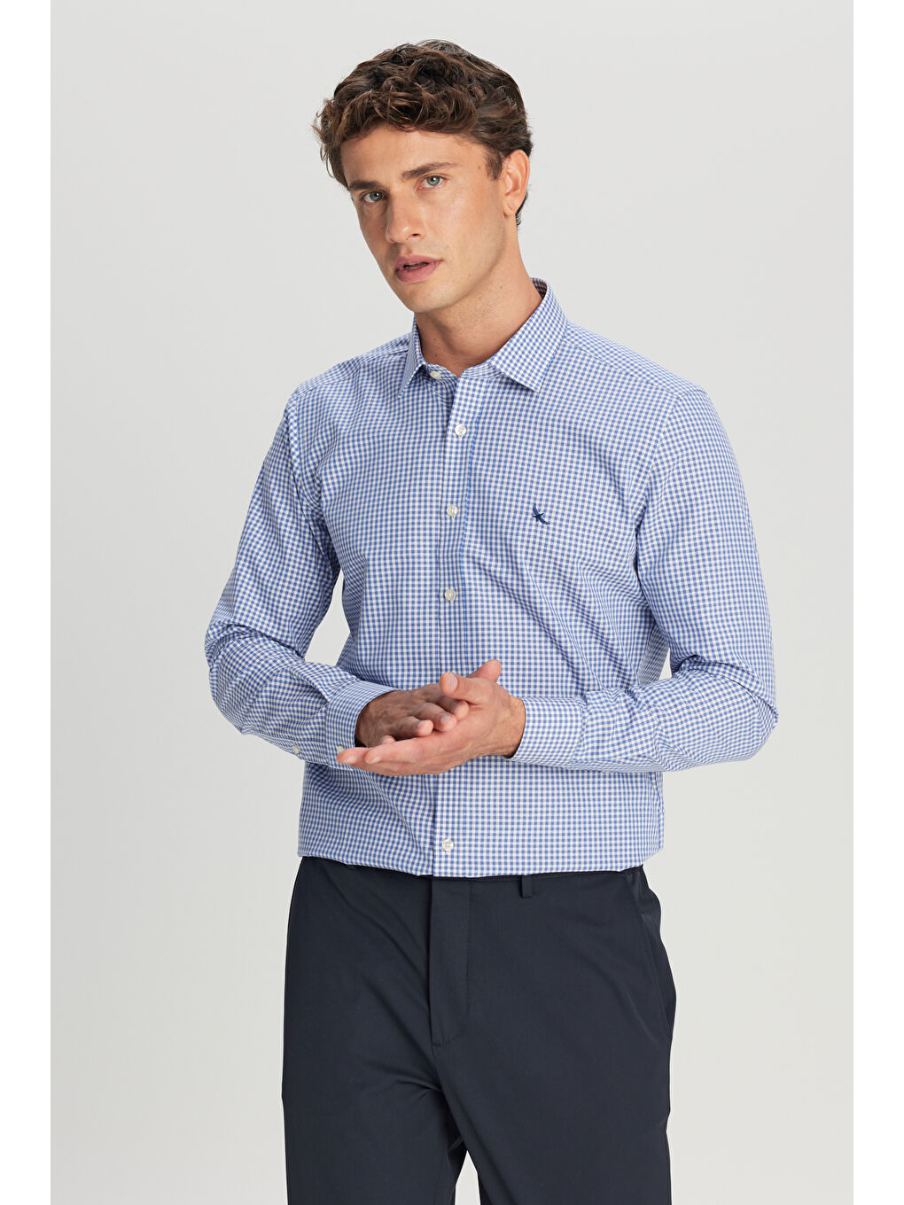 Erkek Mavi-Gri Ütü Gerektirmeyen %100 Pamuk Slim Fit Klasik Yaka Armürlü Gömlek-3