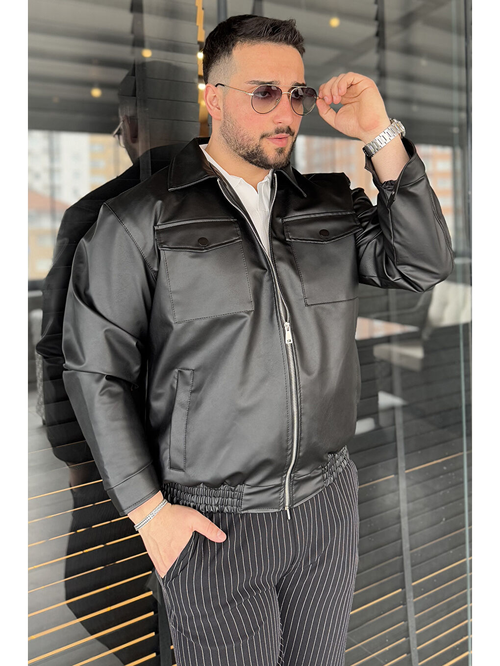 Siyah Erkek Bel Büzgülü Ön Fermuarlı Suni Deri Ceket