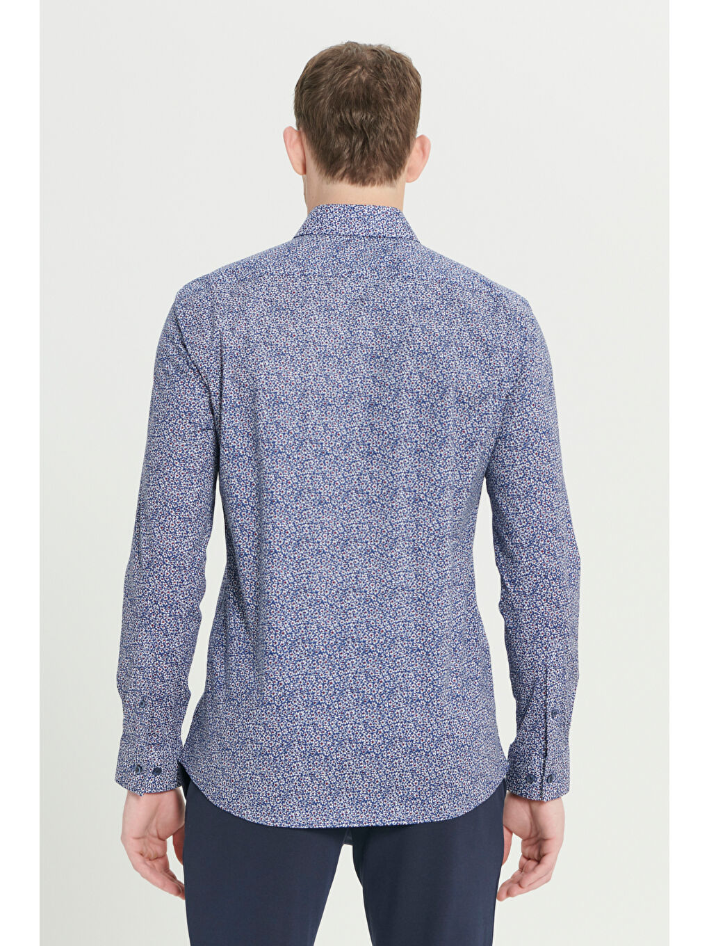 Erkek Mavi-Beyaz Pamuklu Slim Fit Dar Kesim Klasik Yaka Baskılı Gömlek-4