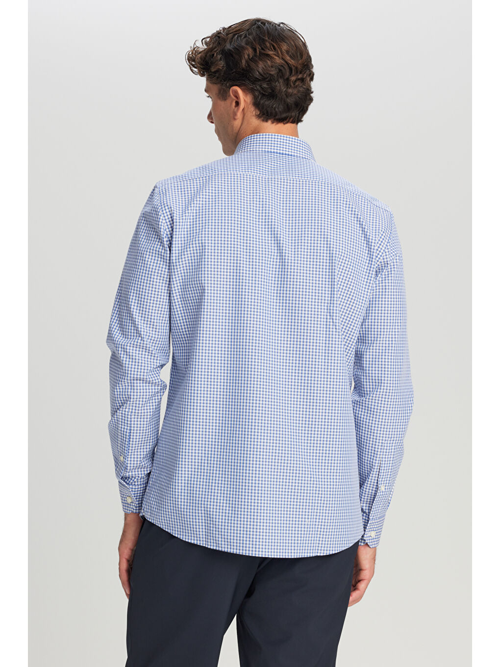 Erkek Mavi-Gri Ütü Gerektirmeyen %100 Pamuk Slim Fit Klasik Yaka Armürlü Gömlek-4