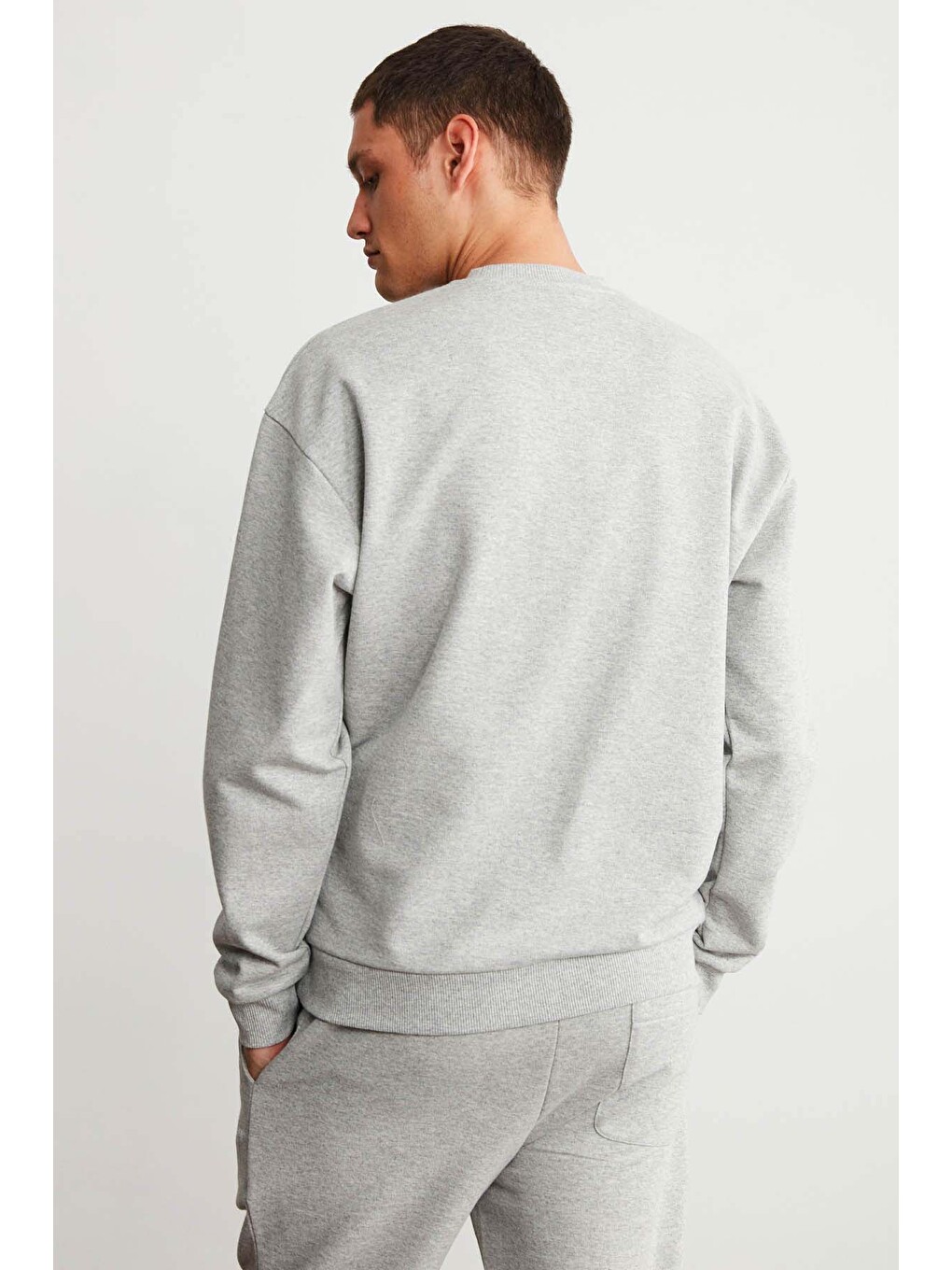 Raırok Erkek İçi Polarlı Comfort Bej Oversize Nakışlı Gri Melanj Sweatshirt-2