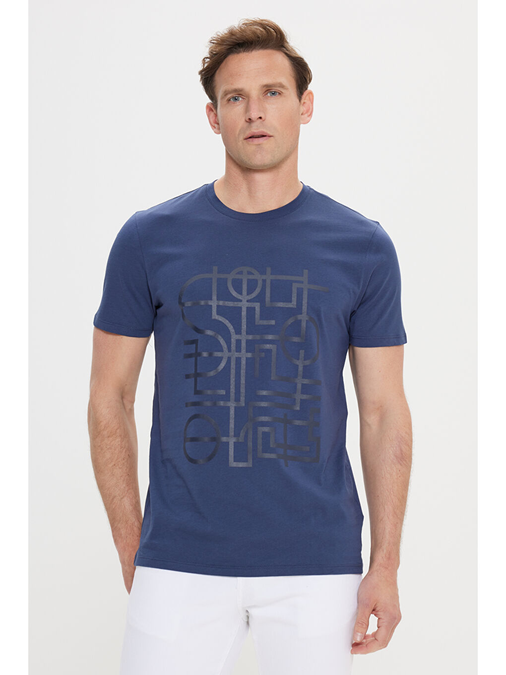 Erkek Lacivert Slim Fit Dar Kesim %100 Pamuk Baskılı Bisiklet Yaka Tişört