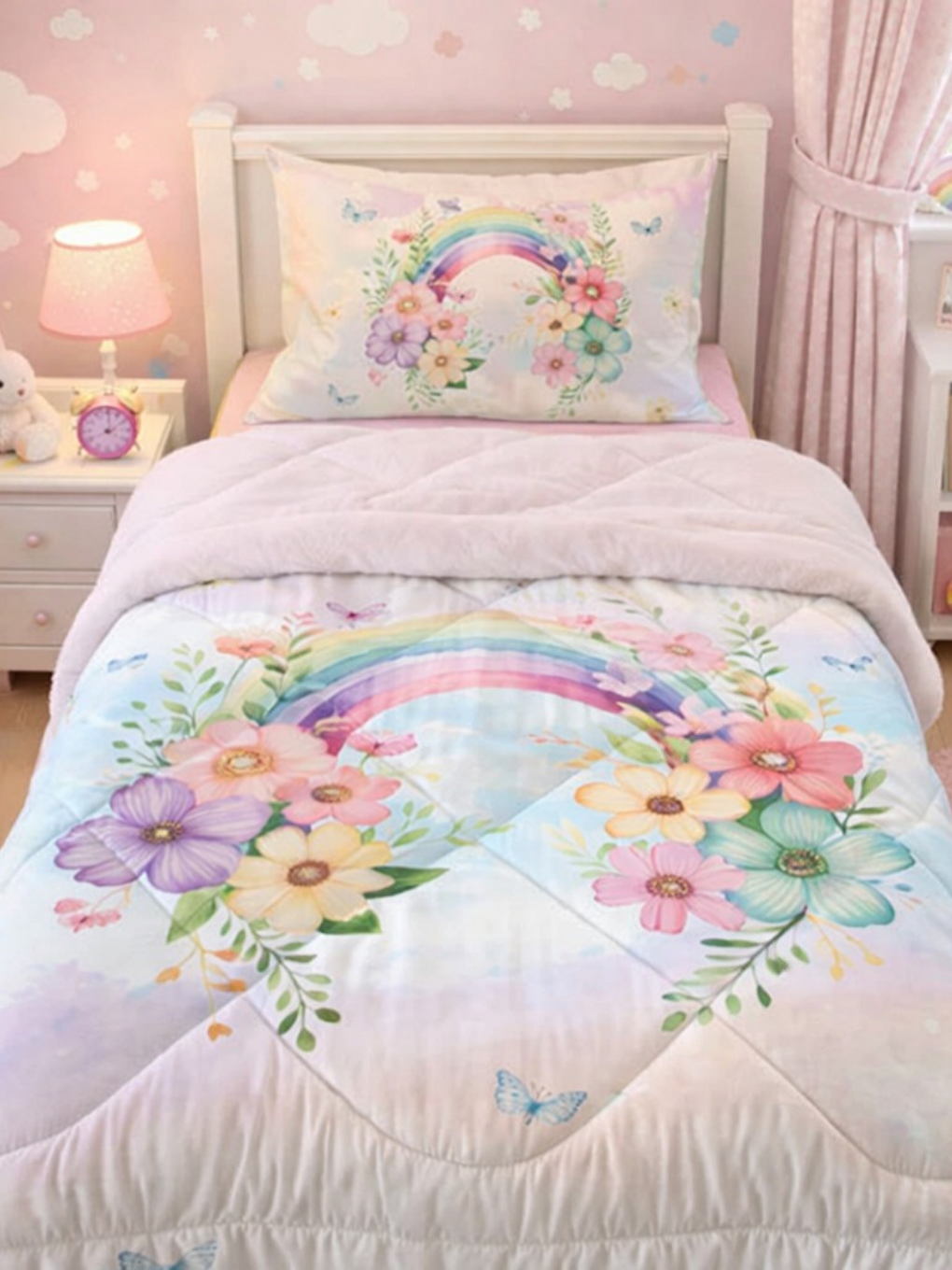 Pembe Pastel Renk Geçişli Çiçek Desenli Çocuk Uyku Seti-1