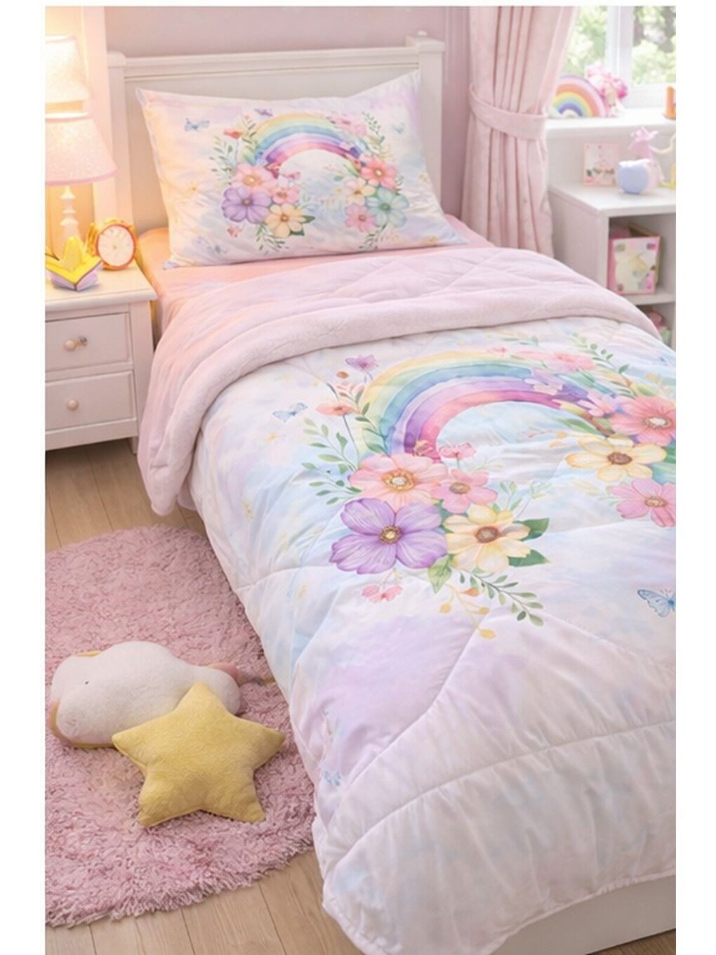 Pembe Pastel Renk Geçişli Çiçek Desenli Çocuk Uyku Seti-2