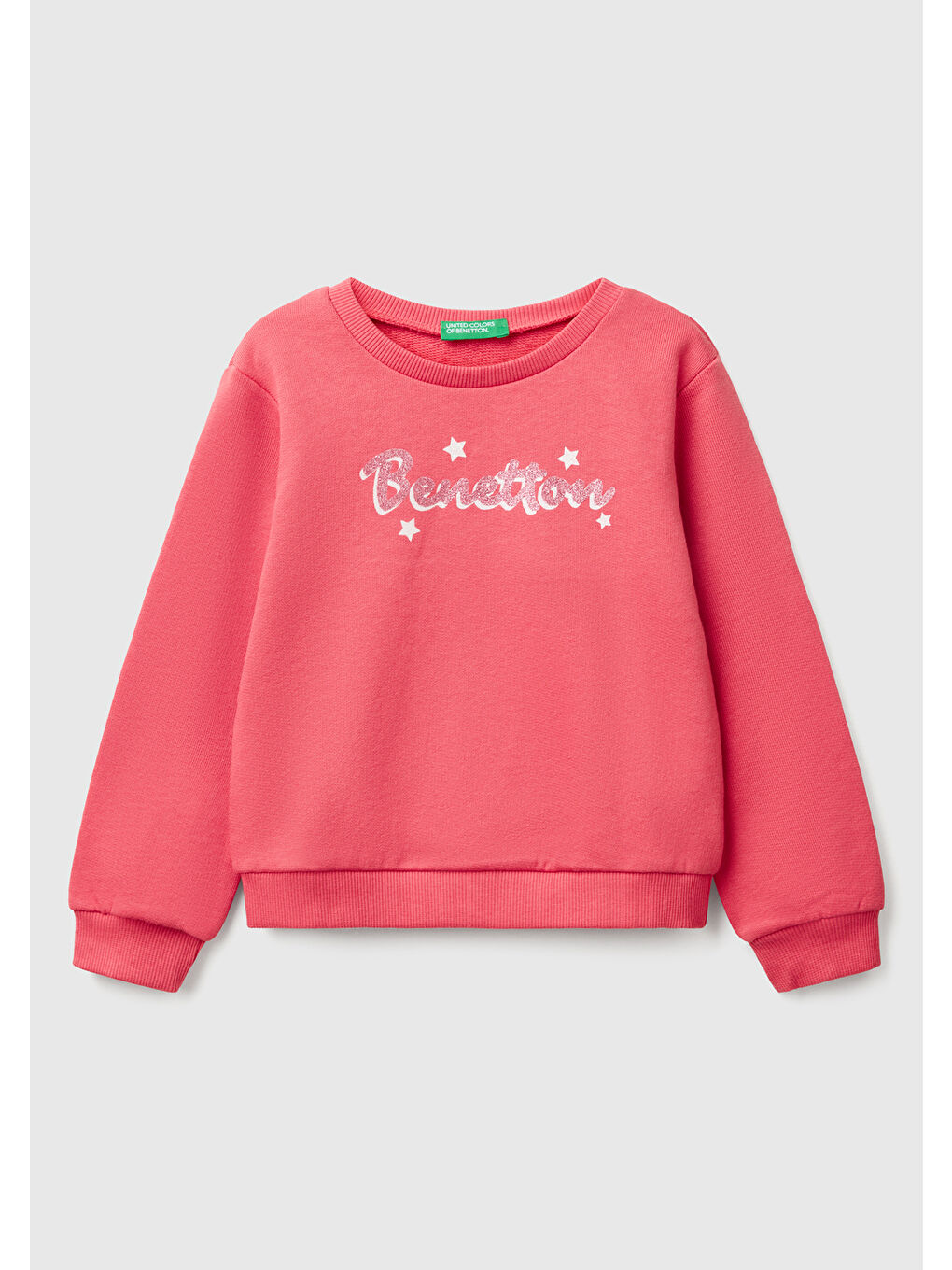 Kız Çocuk Fuşya Simli Benetton Logo Baskılı Bisiklet Yaka Sweatshirt
