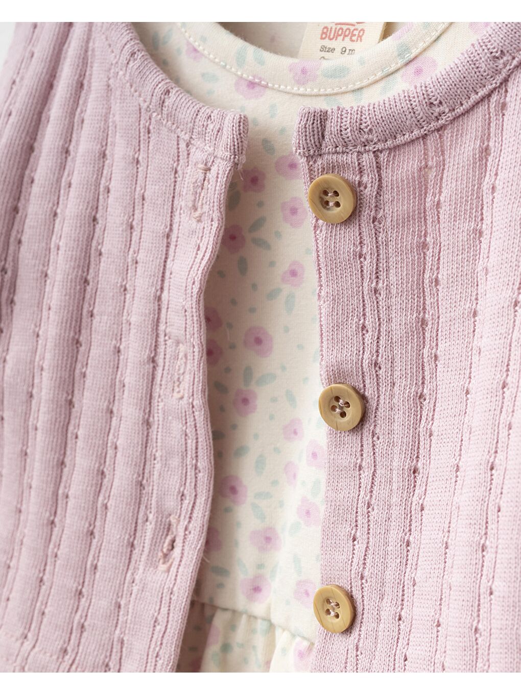 Pembe Kız Bebek Pamuklu Pudra Hırkalı Çiçek Desenli 3'Lü Elbise- Body Elbise Ve Saç Bandı-6