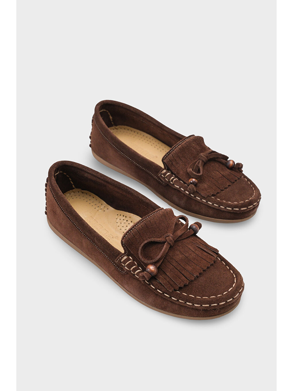 Kahverengi Almire Hakiki Deri Süet Boncuklu Püsküllü Konfor Kadın Loafer Ayakkabı-1