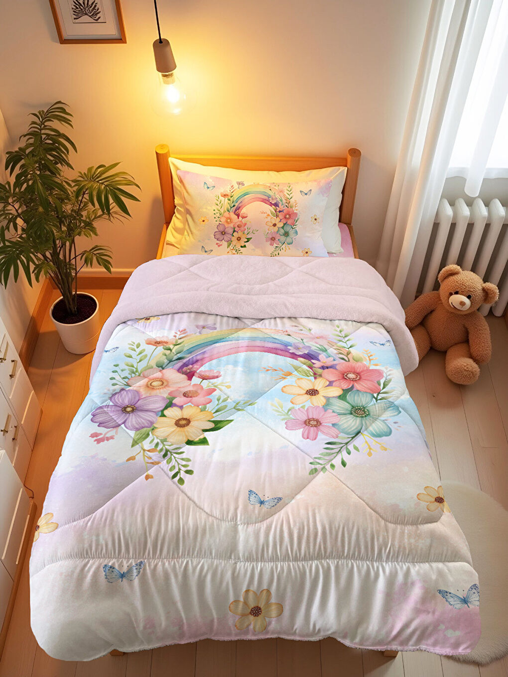 Pembe Pastel Renk Geçişli Çiçek Desenli Çocuk Uyku Seti-3