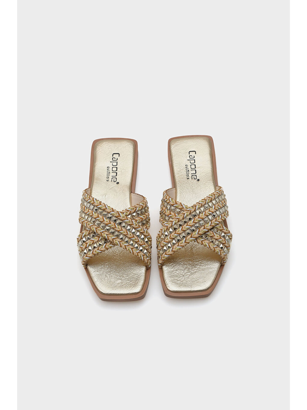 Sarı Kyla Düz Topuklu Küt Burunlu Metal Aksesuarlı Çapraz Bantlı Hasır Kadın Terlik-2