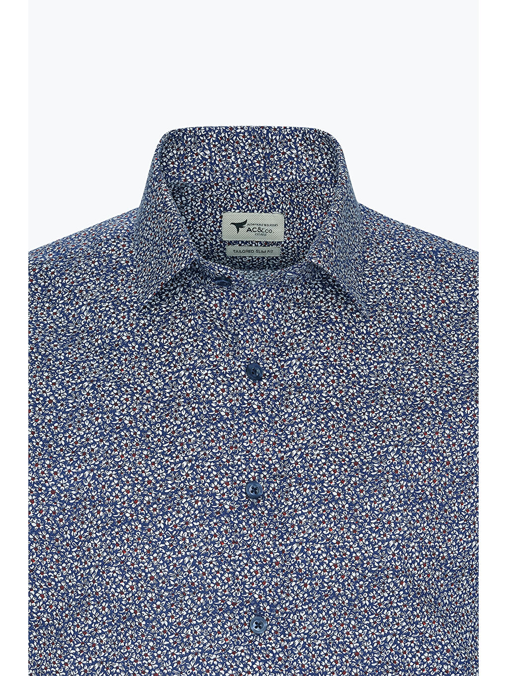 Erkek Mavi-Beyaz Pamuklu Slim Fit Dar Kesim Klasik Yaka Baskılı Gömlek-6