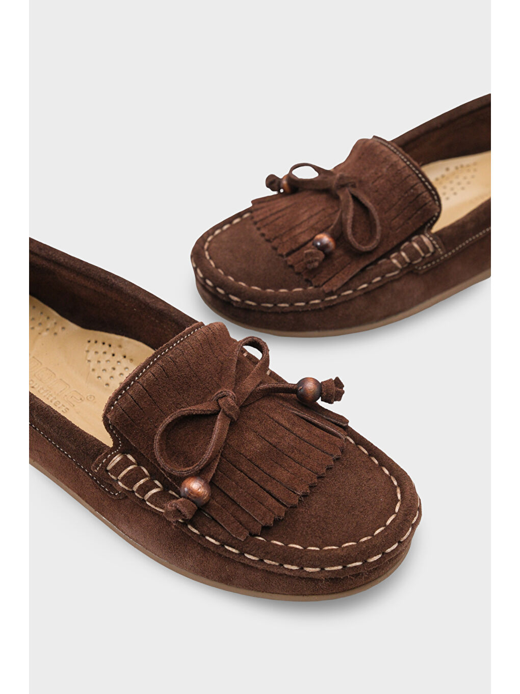 Kahverengi Almire Hakiki Deri Süet Boncuklu Püsküllü Konfor Kadın Loafer Ayakkabı-3