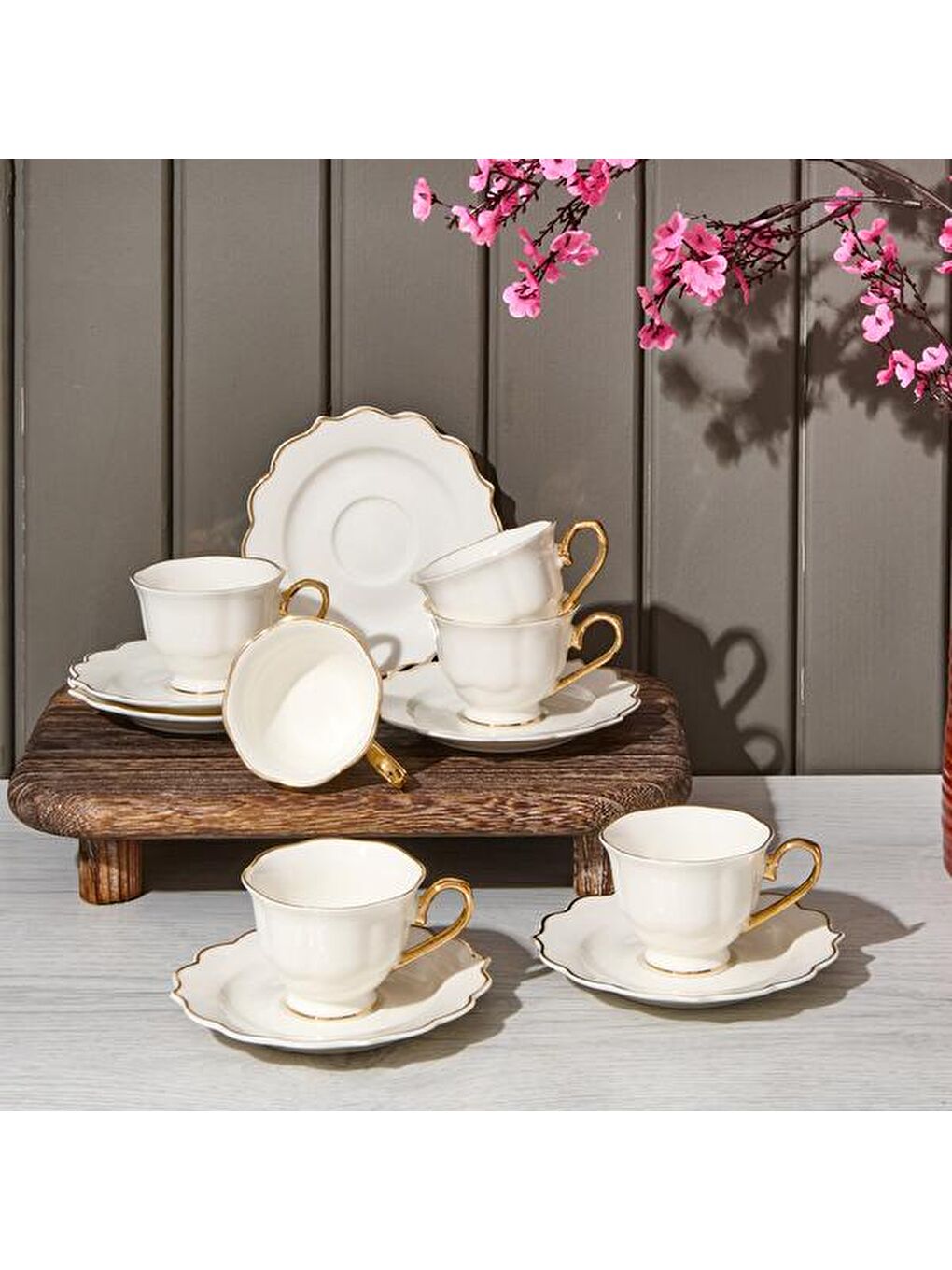 Valeria Porselen 6'lı Çizgili Kahve Fincanı - Beyaz - 90 ml