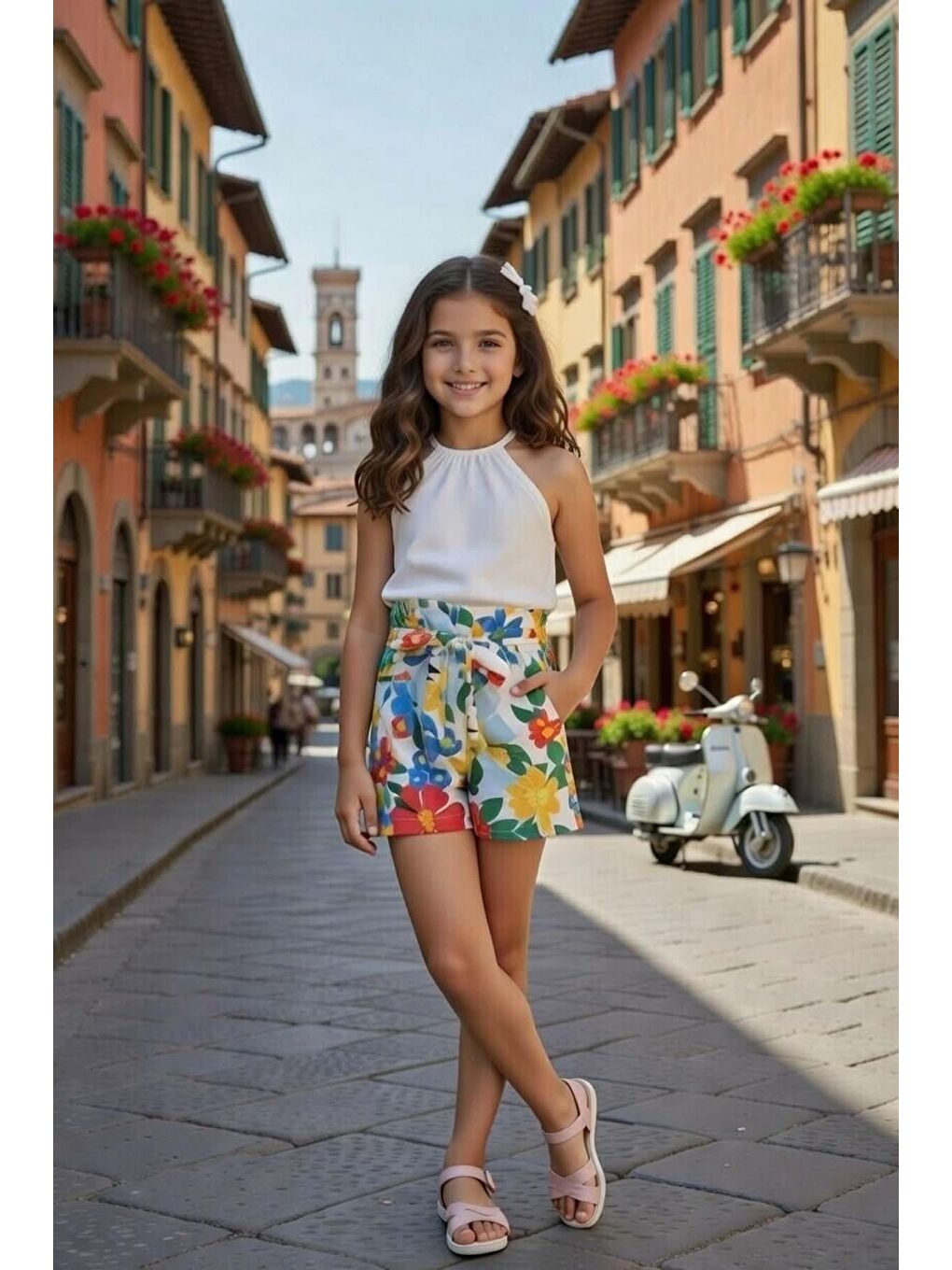 Kız Çocuk Halter Yaka Kolsuz Beyaz Bluz Renkli Çiçekli Şortlu Takım