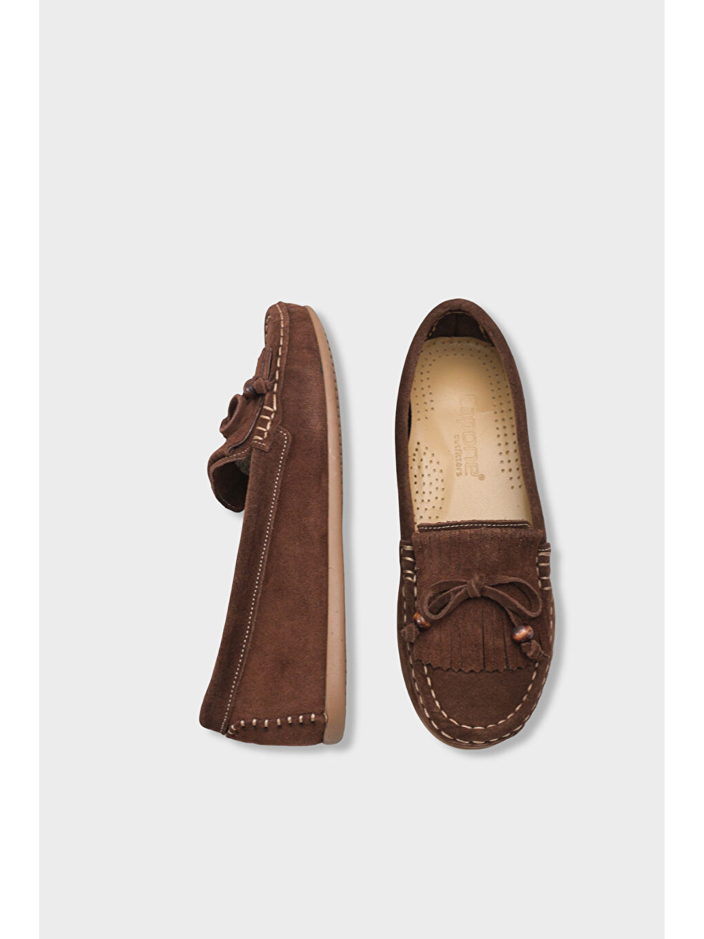 Kahverengi Almire Hakiki Deri Süet Boncuklu Püsküllü Konfor Kadın Loafer Ayakkabı-4