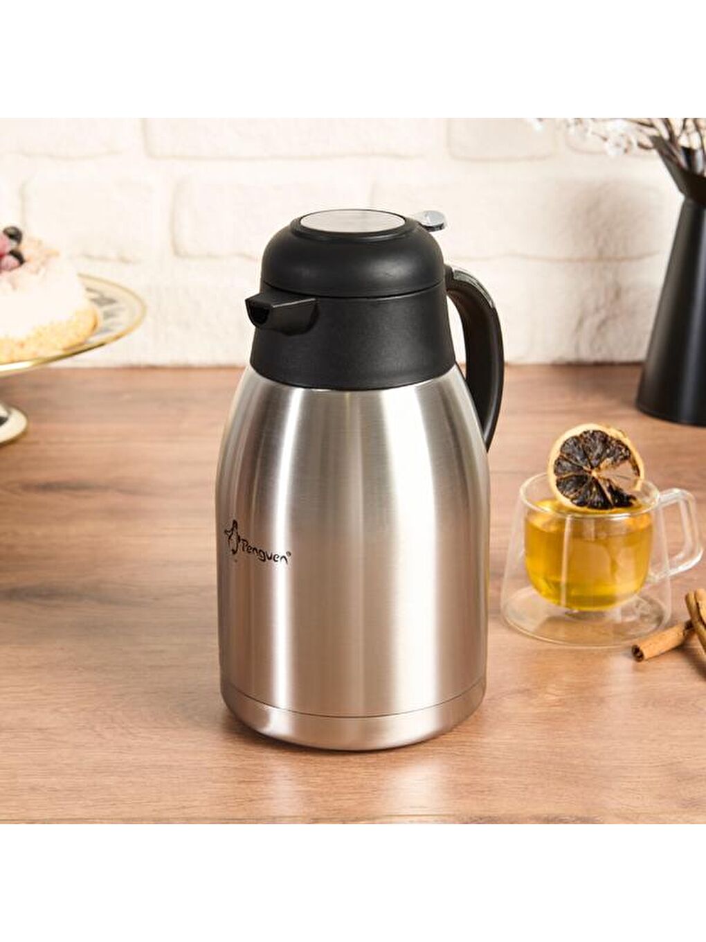 Gri Çelik Çay Termosu - Inox / Siyah - 2 lt