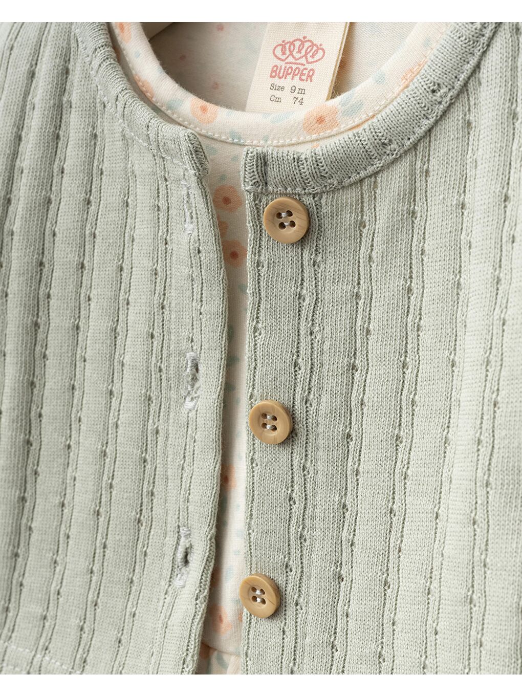 Yeşil Kız Bebek Pamuklu Pudra Hırkalı Çiçek Desenli 3'Lü Elbise- Body Elbise Ve Saç Bandı-8