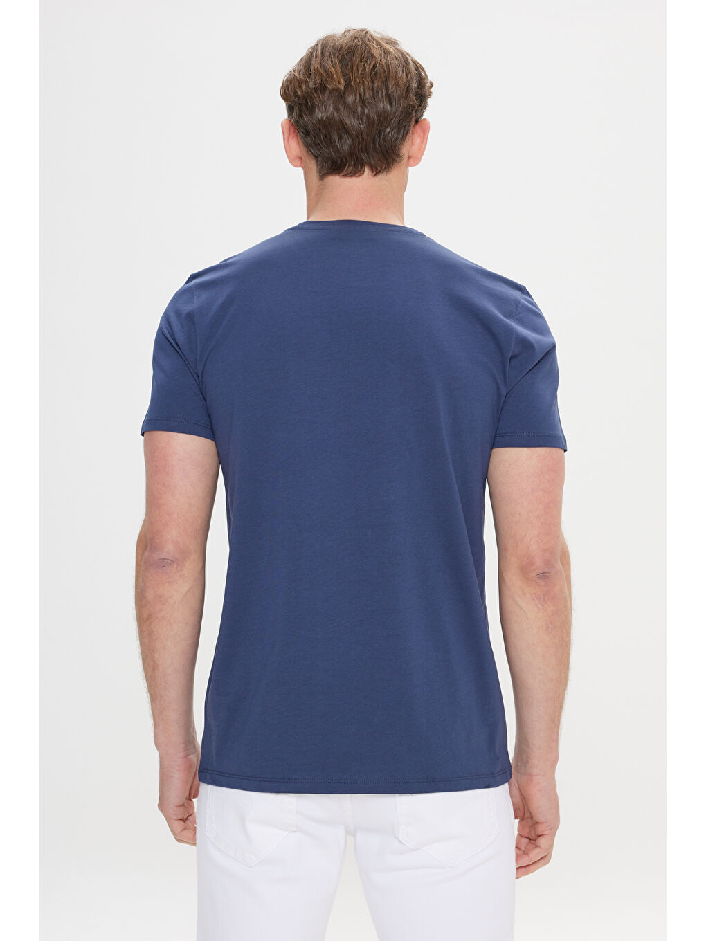 Erkek Lacivert Slim Fit Dar Kesim %100 Pamuk Baskılı Bisiklet Yaka Tişört-3