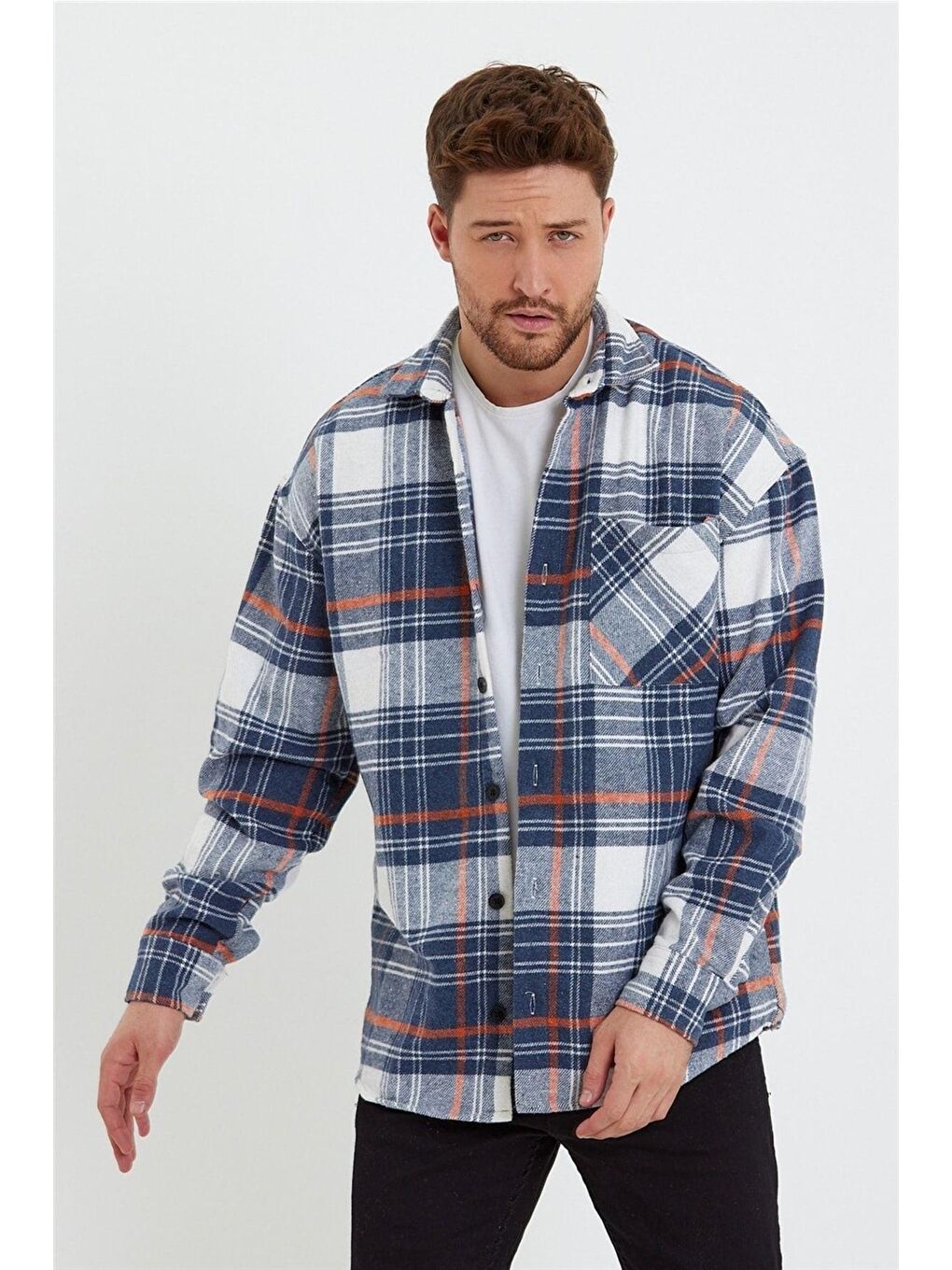 Bej Erkek Slim Fit Uzun Kollu Çift Cepli Ekoseli Oduncu Gömlek-odg001r10015s