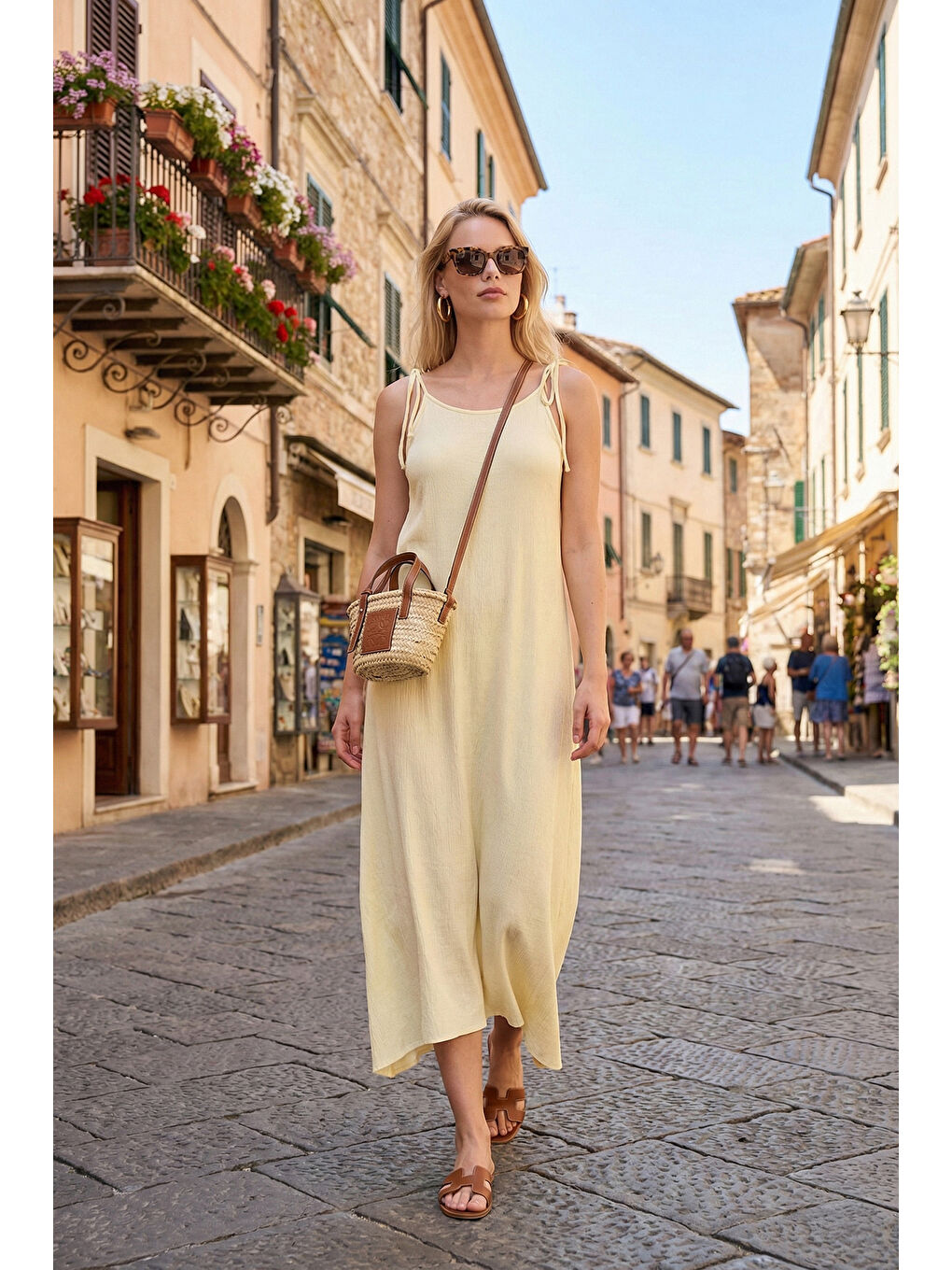 Sarı Regular Fit İp Askılı Uzun Kadın Elbise 5865732